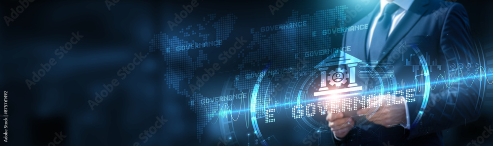 Poster businessman using tablet on global network connection on e-governance and technology with digital da