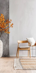 Interiors designer composition with rustic furniture in a residential property. Minimalist Real Estate conceptual image with plain lighting and copy space.