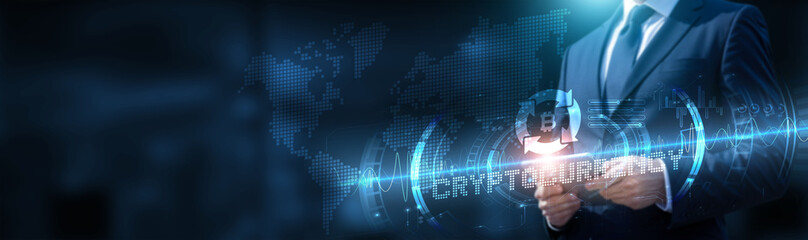 Businessman using tablet on global network connection on cryptocurrency and blockchain with real-time data and development of financial technology. Technology and innovation accelerate. Efficiency.