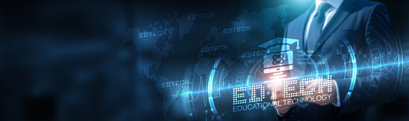 Businessman using tablet on global network connection on digital platforms and tools with real-time data and development of innovative educational solutions. Technology and e-learning advancements.