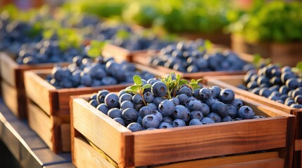Freshly harvested blueberries in wooden crates at a farmer's market, with a blurred background of greenery and other produce.