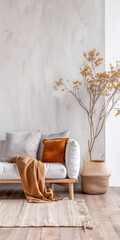 Interiors designer composition with rustic furniture in a residential property. Minimalist Real Estate conceptual image with plain lighting and copy space.