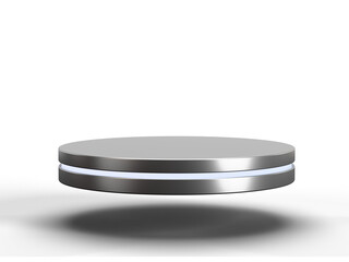 Black Pedestal of platform display with neon modern stand podium on white room background. Blank Exhibition stage backdrop or empty product shelf. 3D rendering.