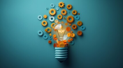 A stylized illustration of a light bulb with gears and cogs inside, symbolizing innovation and creativity in business and entrepreneurship.