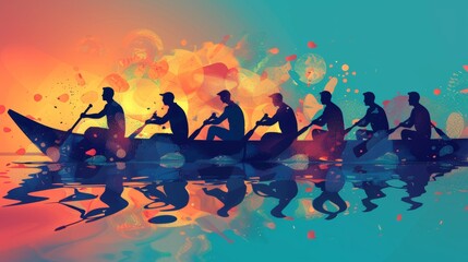 An imaginative illustration of a business team working together to build a large puzzle, symbolizing teamwork, collaboration, and problem-solving in business.