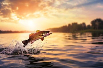 Obraz premium large bass fish jumping out of water with splash at sunset