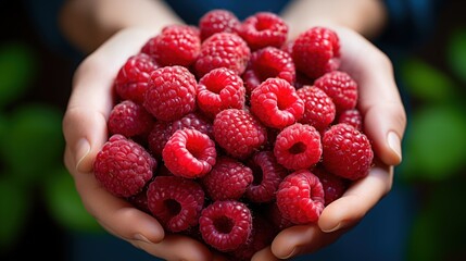 Hands holding a bunch of fresh raspberries. The raspberries are vibrant red and look ripe and juicy. The background is blurred, focusing attention on the fruit.