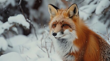 Fototapeta premium Majestic red fox standing snow-covered landscape nature winter wildlife close-up beautiful fur animal outdoor scene