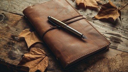 Leather journal pen autumn leaves rustic wooden table cozy nostalgic writing setting