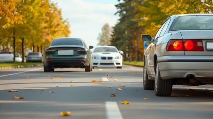 Fototapeta premium Car traffic on the road with autumn leaves in the foreground and other cars in the background
