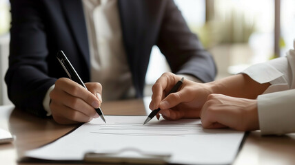 signing a partnership agreement at a desk, formal wear, office environment,