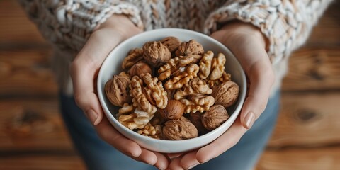 Obraz premium A dish of complete walnuts held by a woman, with a handful of unpeeled nuts in a white bowl on a wooden background, for nourishing and nutritious eating, captured in a top-down, high-resolution image.