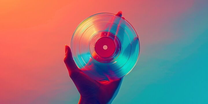 Art piece. Contemporary aesthetic creation. Hand holding retro disc player against fading backdrop. Hip millennial vibe and vintage futurism. Idea of young generation, nostalgia, society, digital era.