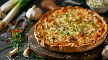 French cuisine. An open pie with cheese and leeks. 