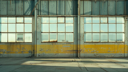 Empty Building Wall with Prominent Yellow Stripe and Windows