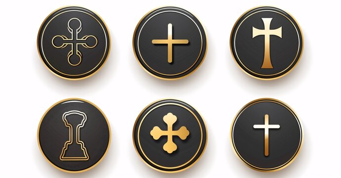 Elegant gold cross symbol. Collection of colorful circular buttons.