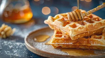 Scrumptious Belgian waffles drizzled with sweet honey for breakfast