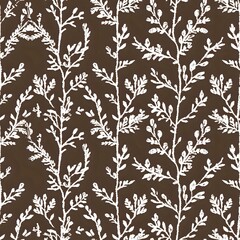 Fototapeta premium White Branches and Small Oval Leaves on Brown Background
