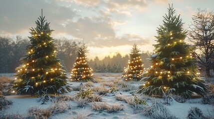 Fototapeta premium Glowing Christmas Trees in a Snowy Forest