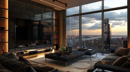 Obraz premium An opulent living room with a breathtaking view of the city skyline