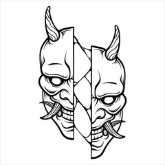 Hand-drawn illustration of a Japanese oni mask