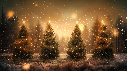 Naklejka premium Glowing Christmas Trees in a Snowy Forest