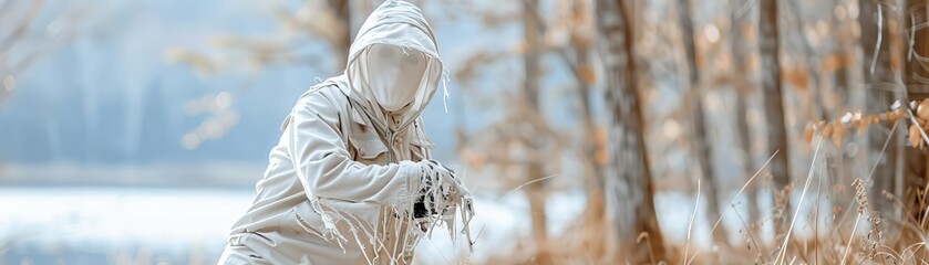 Obraz premium Ghostly figure with tattered clothes, close-up shot, Halloween costume, ethereal and spooky ambiance