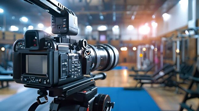 A camera is set up in a gym, capturing the action of people working out.