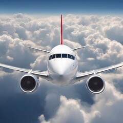 Fototapeta premium Close-up of the front of a passenger plane flying in the sky.