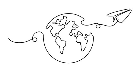 One continuous line drawing of Earth globe with paper airplane