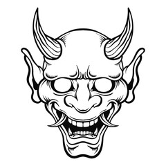 Hand-drawn illustration of a Japanese oni mask