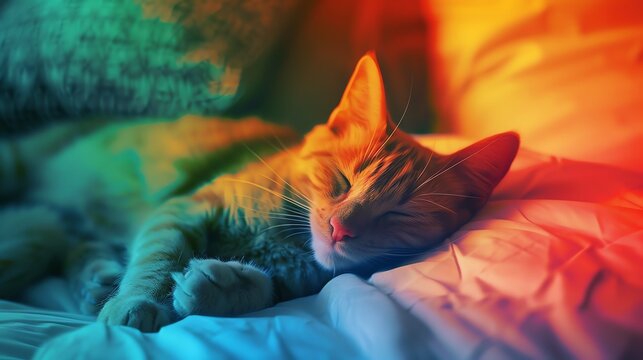 A serene, multicolored-themed photograph of a cat peacefully sleeping on a bed with a soft gradient background.