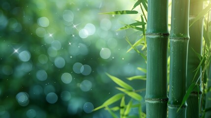 Naklejka premium Close-up of vibrant green bamboo stalks with blurred foliage and sparkling lights in the background