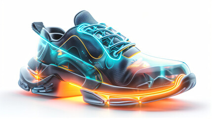 Glowing, futuristic shoe on a white background exudes innovation and style, blending comfort and performance for sports and running