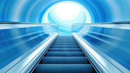 Obraz premium Blurred metro escalator in city infrastructure Light blue background captures citys subway motion.