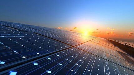 Rows of solar panels are absorbing the last rays of the setting sun, generating clean and sustainable electricity. This image evokes a sense of hope and progress towards a greener future