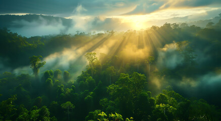 Beautiful rainforest landscape in the morning with fog and rays sunrise
