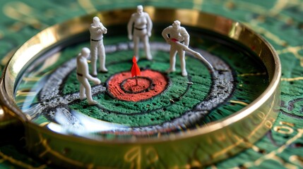Close-up of miniature figures inspecting a target under a magnifying glass on a green background. Concept of analysis and focus.