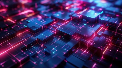 Glowing Purple and Blue Digital Circuit Board With Glowing Pink Circuit Lines