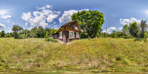 360 hdri panorama near abandoned dying village in the middle of a forest with an overgrown area in full seamless spherical equirectangular projection, ready AR VR virtual reality content