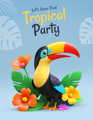 Naklejka premium Tropical summer party poster with 3d toucan bird cartoon character with tropical flowers