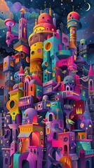 Naklejka premium A colorful building with many windows and a large moon in the background