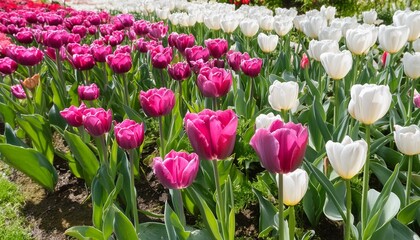 Fototapeta premium Amidst a tranquil garden, a symphony of tulips dances in the gentle breeze, their vibrant hues of pink, purple, red, and white painting a picturesque scene of springtime