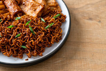 Jajangmyeon or JJajangmyeon with Odeng and Omuk - Korean Instant noodles with Korean fish cake in black bean sauce
