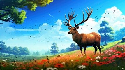 Serene image of a deer grazing in a vibrant field of wildflowers with a forest backdrop, capturing a picturesque moment in nature.