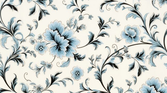 Elegant and charming springtime florals with doodle style patterns in shades of blue, neutral, and black. Perfect for a delicate touch.