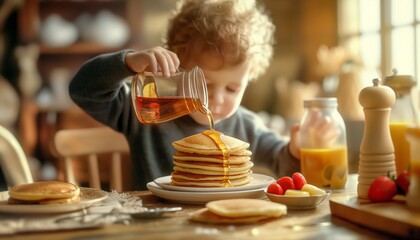 A little boy is pouring syrup on pancakes at the dinner table