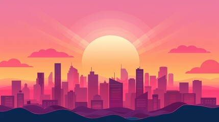 Fototapeta premium Vibrant Art Deco cityscape illustration capturing the beauty of sunset.