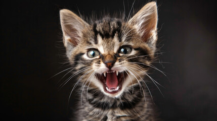 Playful Kitten with Mouth Open and Visible Teeth
