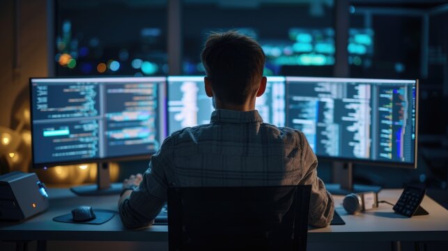A software developer works on code late into the night, illuminated by the glow of multiple computer screens in a modern office. AIG41